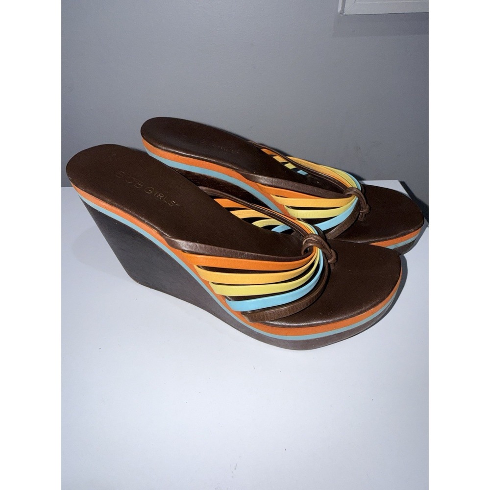 BCBGirls Wedge Flip Flop Sandals Sz 6 Brown Rainbow Platform Heel‎ Leather Y2K